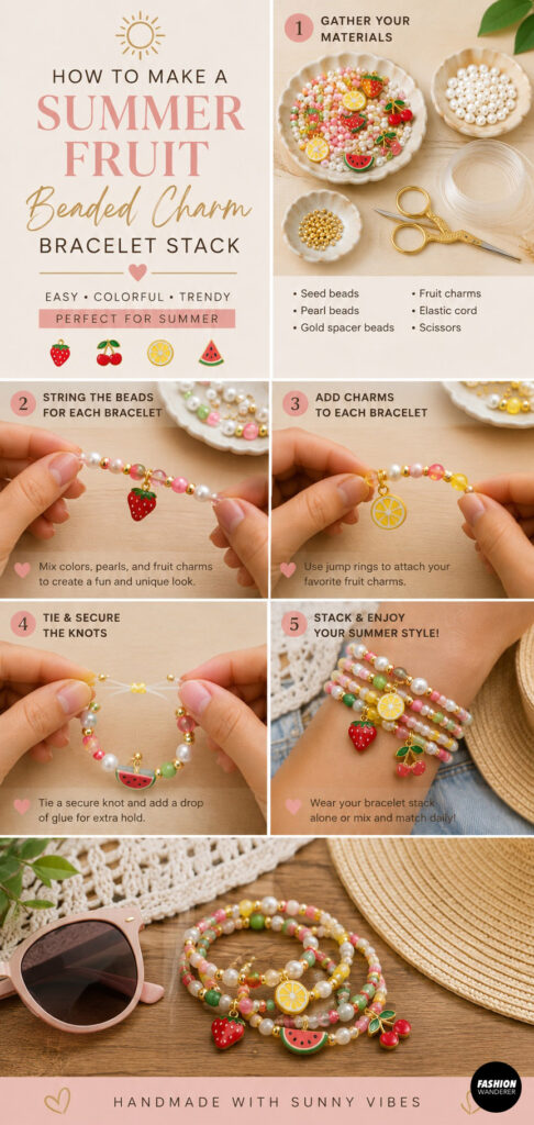 Pinterest style graphic showing step by step instructions to make summer fruit beaded charm bracelets. The diy guide includes materials, fruit charm ideas, summer color palettes and written bracelet pattern instructions.