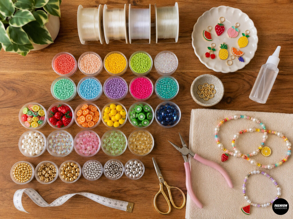 Materials to make summer fruit beaded charm bracelets including assortment of colorful beads, hand tools, cord, clasps and summer fruit charms.