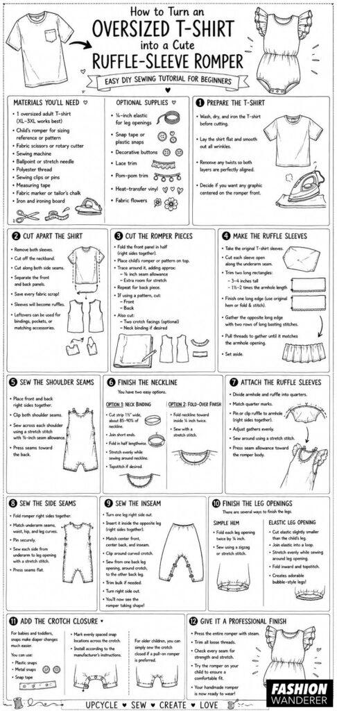 Black-and-white sewing infographic titled "How to Turn an Oversized T-Shirt into a Cute Ruffle-Sleeve Romper." It includes a materials list and twelve beginner-friendly illustrated steps covering cutting, sewing, ruffle sleeves, neckline, leg openings, crotch snaps, and final finishing for an upcycled baby romper.
