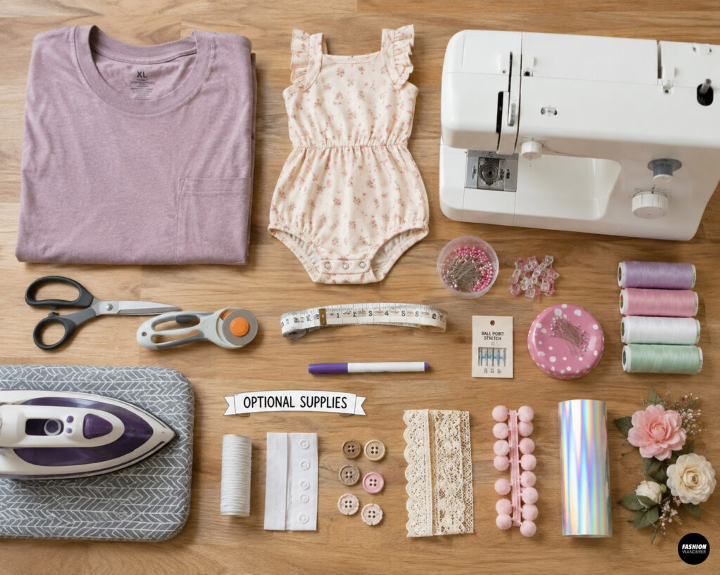 Flat lay of sewing supplies arranged on a wooden tabletop for making a baby ruffle sleeve romper from an oversized T-shirt. Items include a lavender T-shirt, baby romper reference, sewing machine, scissors, rotary cutter, measuring tape, pins, clips, thread, stretch needles, iron, marking pen, and optional supplies such as lace trim, snap tape, buttons, pom-pom trim, heat-transfer vinyl, and fabric flowers.