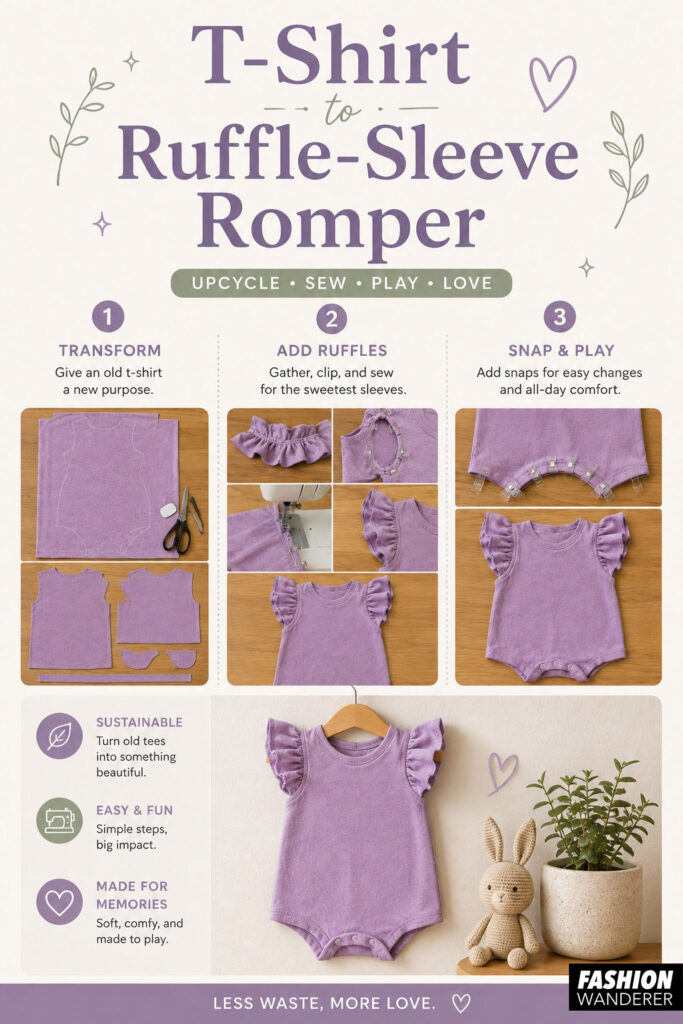 Vertical Pinterest-style infographic featuring a lavender T-shirt transformed into a baby ruffle sleeve romper. The design highlights three beginner-friendly steps—transform the T-shirt, attach gathered ruffle sleeves, and finish with crotch snaps—along with sustainability tips and a completed romper displayed beside a plush bunny and potted plant.