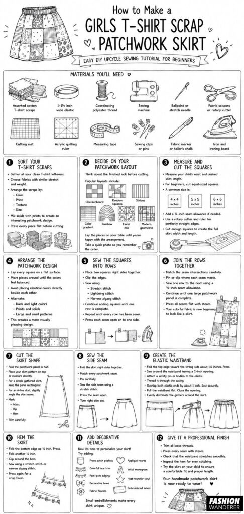 Black-and-white beginner sewing infographic showing how to make a girls' T-shirt scrap patchwork skirt. The tutorial includes a materials list and 12 illustrated steps covering sorting fabric scraps, cutting squares, sewing patchwork rows, creating an elastic waistband, hemming, adding embellishments, and finishing the skirt.