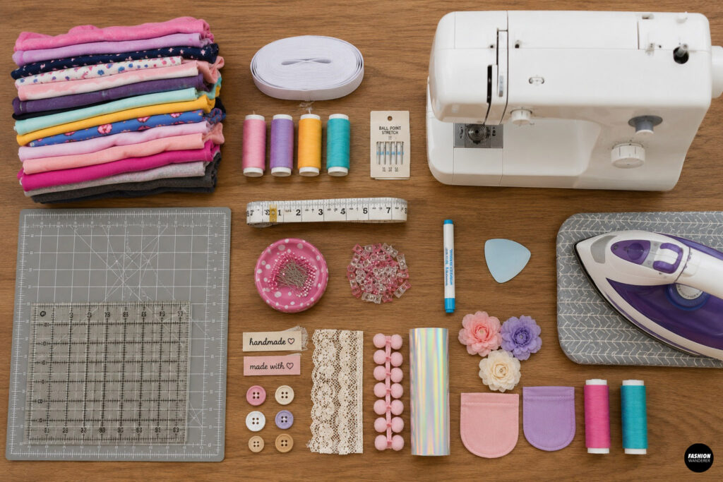 Flat lay of supplies for sewing a girls' patchwork skirt from T-shirt scraps. Materials include colorful knit fabric scraps, sewing machine, wide elastic, thread, stretch needles, rotary cutter, cutting mat, quilting ruler, measuring tape, sewing clips, fabric marker, iron, lace trim, pom-pom trim, decorative flowers, pockets, buttons, and heat-transfer vinyl.