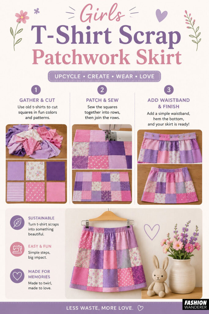 Vertical Pinterest infographic featuring a DIY girls' T-shirt scrap patchwork skirt tutorial. The design highlights three easy steps—gather and cut fabric scraps, sew patchwork squares together, and add the waistband and hem—alongside colorful process photos and a finished patchwork skirt displayed with floral decor and a stuffed bunny.
