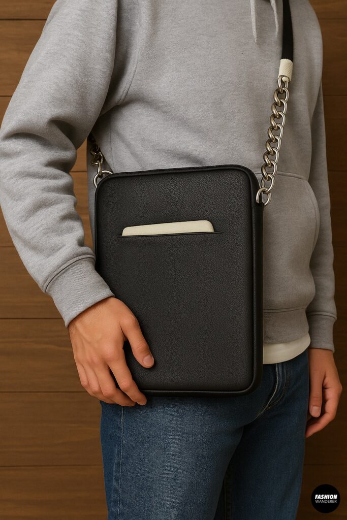 Person wearing a gray hoodie and jeans models a DIY laptop bag with a silver chain strap, showing practical crossbody styling.