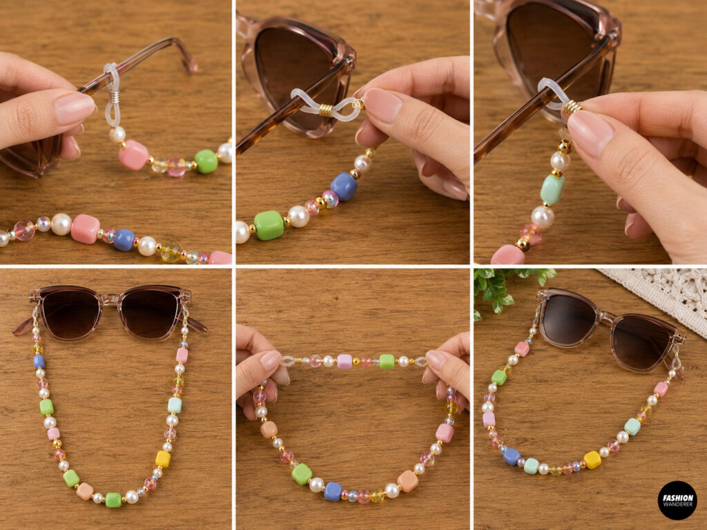 Test the fit for the sunglasses chain to make sure it does not need any adjsutment.