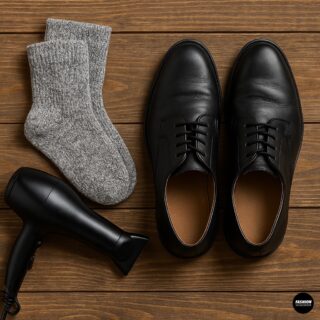 Gray wool socks, black leather dress shoes, and a black hair dryer on a wooden surface for shoe stretching preparation.