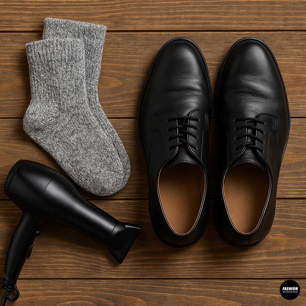 Gray wool socks, black leather dress shoes, and a black hair dryer on a wooden surface for shoe stretching preparation.