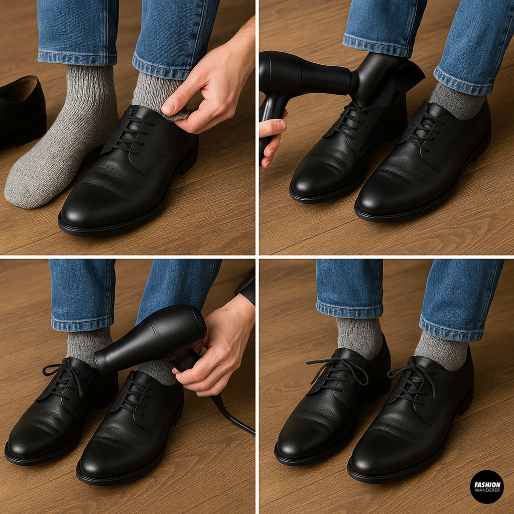 Step-by-step tutorial showing how to stretch tight leather shoes using thick socks and a hair dryer for a better fit.