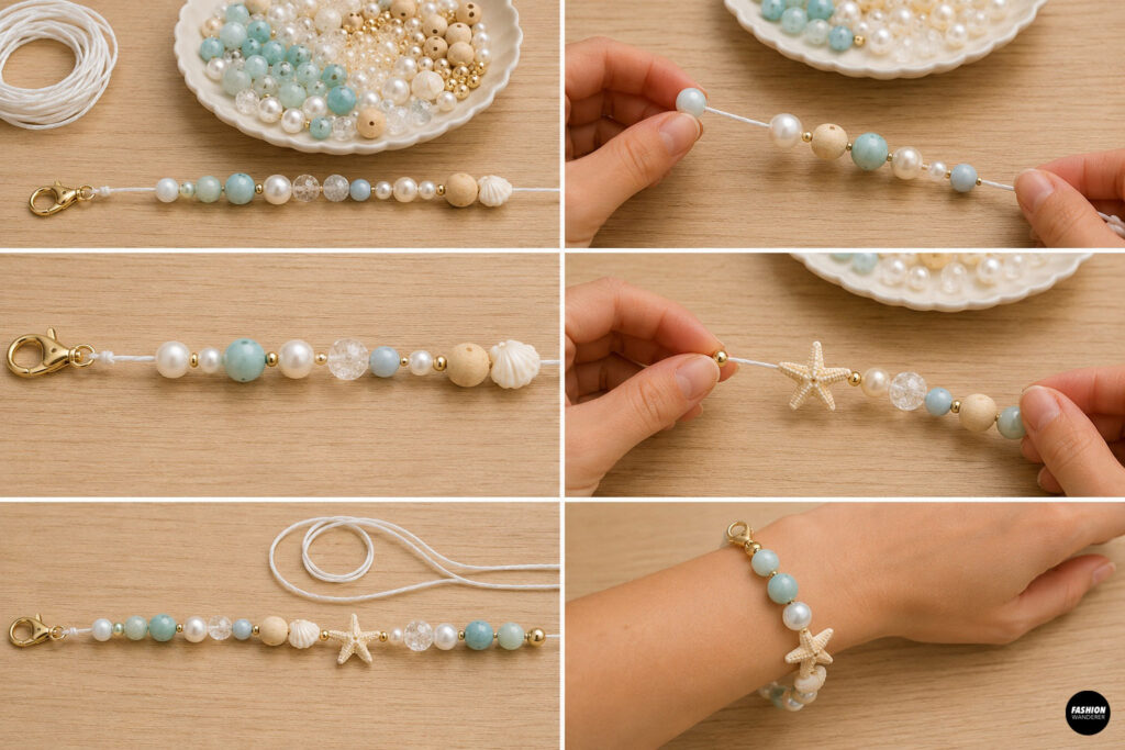 Step 4 is to thread the beads onto the phone wristlet