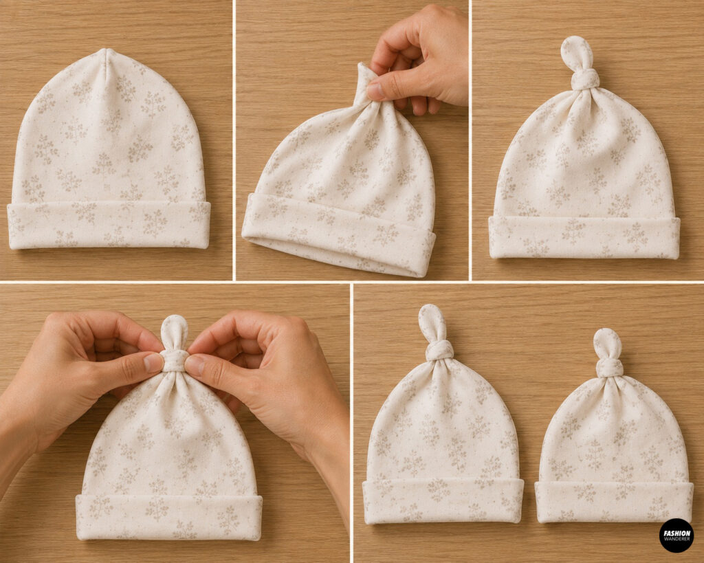 Step-by-step tutorial showing how to shape and tie the top knot on a handmade floral knit baby hat with a folded cuff.