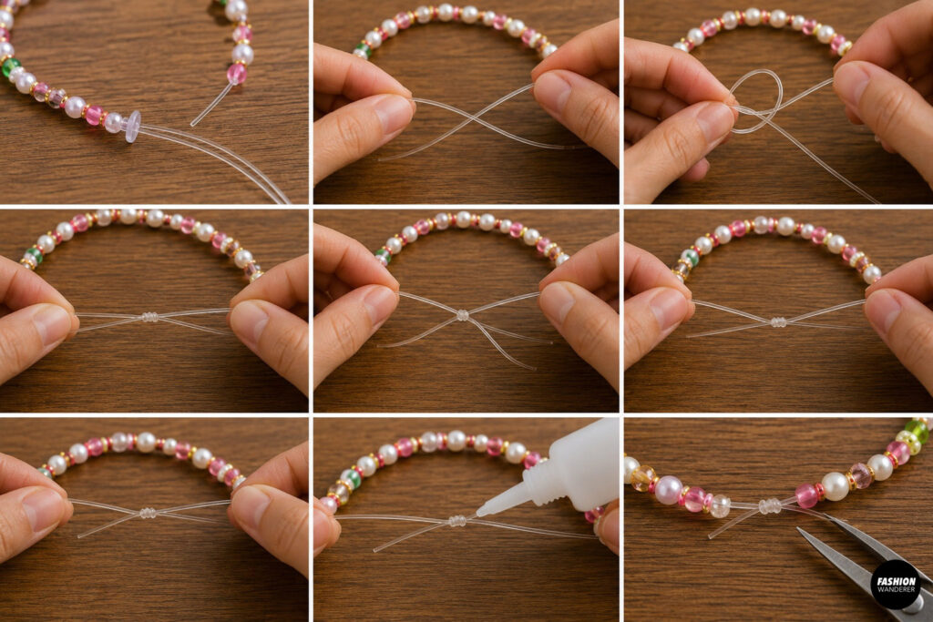 Step 8 is to tie and secure the knot to lock the beads in place.