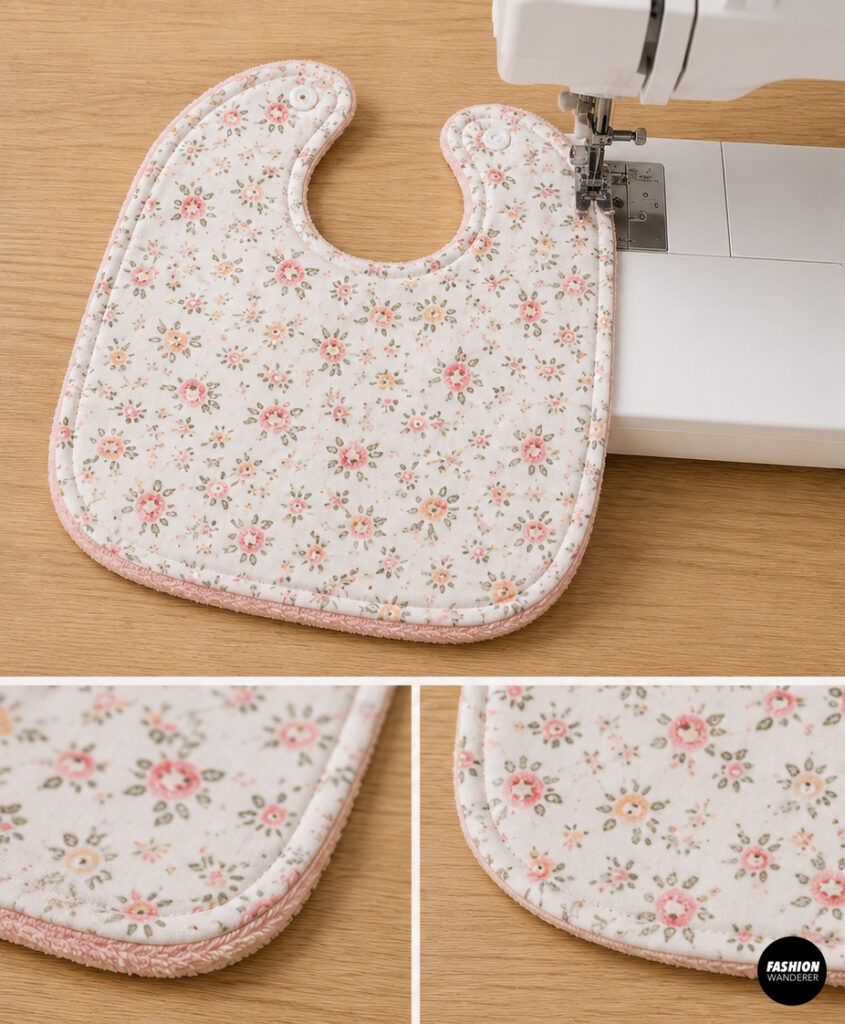 Reversible floral and pink terry baby bib is topstitched close to the edge, closing the turning opening and giving the finished bib a clean, professional look.