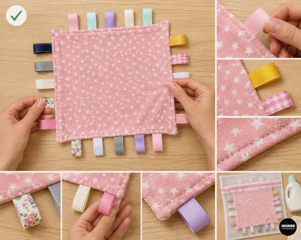 Collage showing the finished pink star-print taggie blanket with colorful ribbon loops, neat topstitching around the perimeter, close-up views of the corners and ribbon tags, and the blanket prepared for washing.