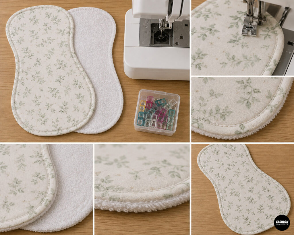 Topstitch around the edges of a floral cotton and terry cloth baby burp cloth for a neat, durable, professional-looking finish.