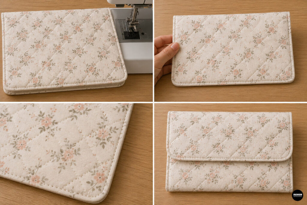 Close-up sewing steps showing the floral quilted diaper clutch topstitched around the edges for a clean, professional handmade finish.