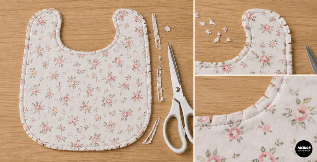 Sewn floral baby bib seam allowances are carefully trimmed and clipped around the neckline and curved edges with scissors to reduce bulk and create smooth curves.