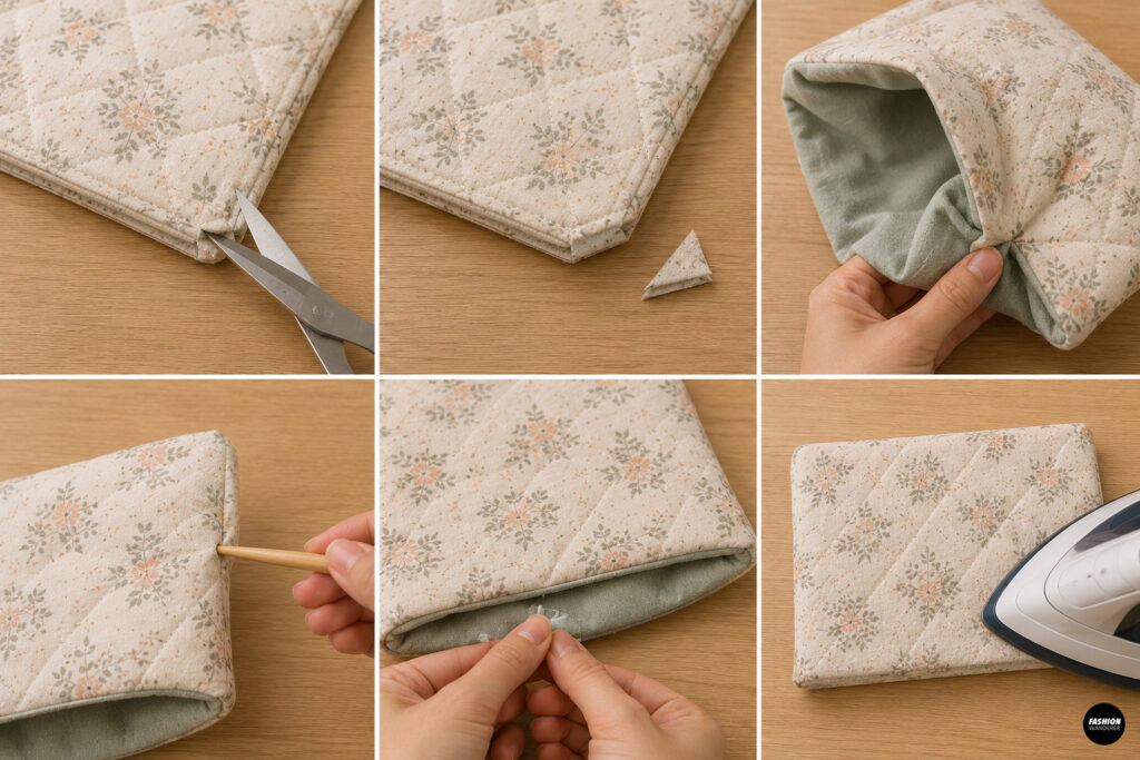 Sewing tutorial collage showing corners trimmed from the quilted diaper clutch, fabric turned right side out, corners pushed out, opening hand stitched, and clutch pressed flat.