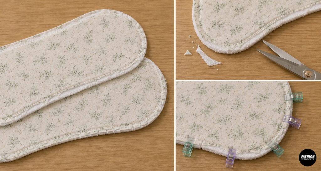 Trim the seam allowance and clip the curved edges of the sewn baby burp cloth to create smooth, rounded edges after turning.