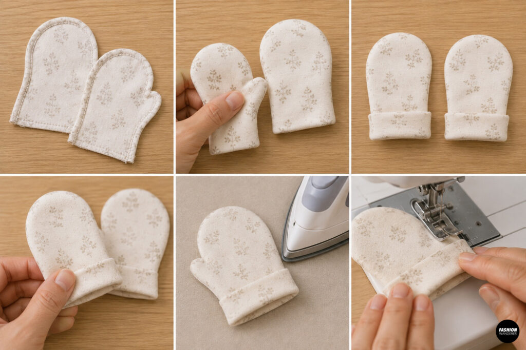 DIY newborn mitten tutorial showing stitched floral baby mittens turned right side out, pressed, and finished with neat folded cuffs.