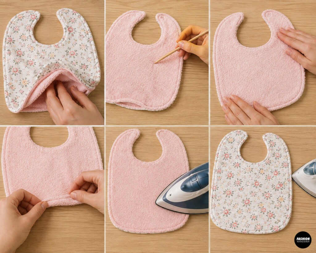 Baby bib is turned right side out through the opening, shaped with a point-turning tool, smoothed by hand, and pressed to create neat rounded edges.