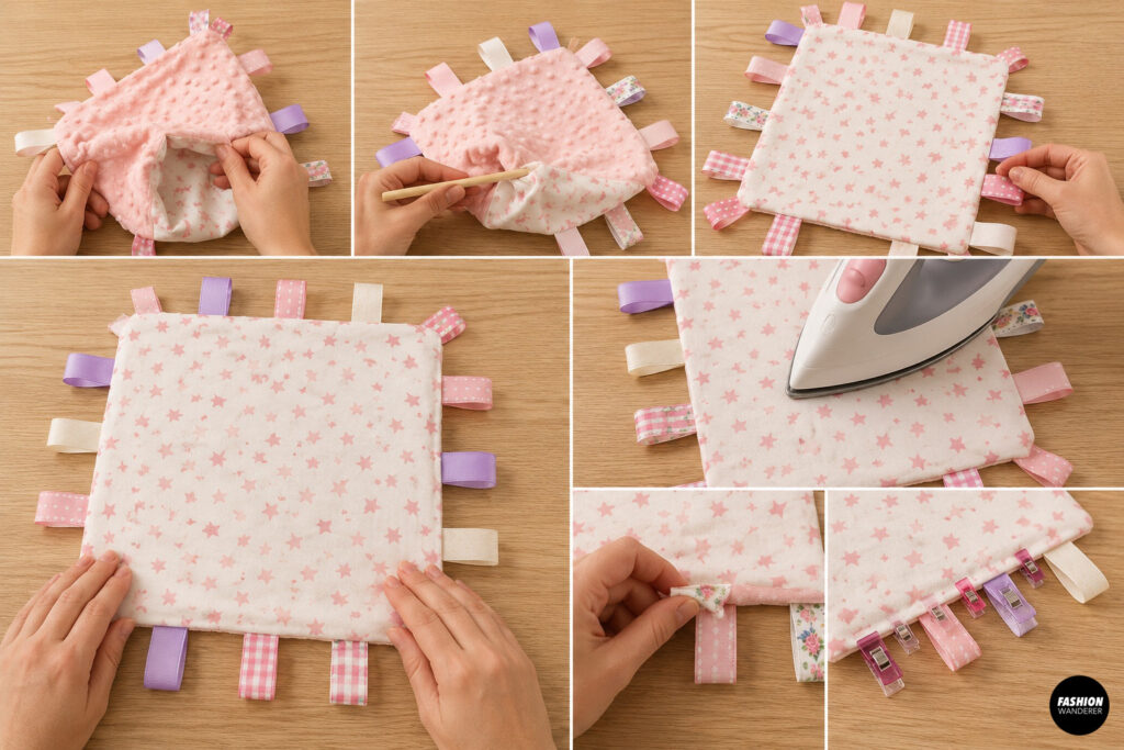 Collage showing the baby taggie blanket being turned right side out, corners gently shaped with a wooden point turner, edges smoothed, pressed, and the turning opening clipped closed.