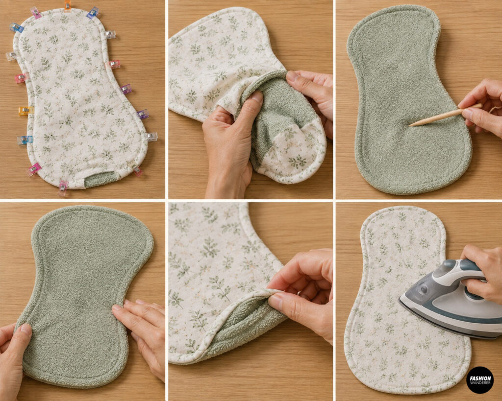 Turn the handmade baby burp cloth right side out, gently shape the curves, tuck in the opening, and press the floral cotton fabric flat.