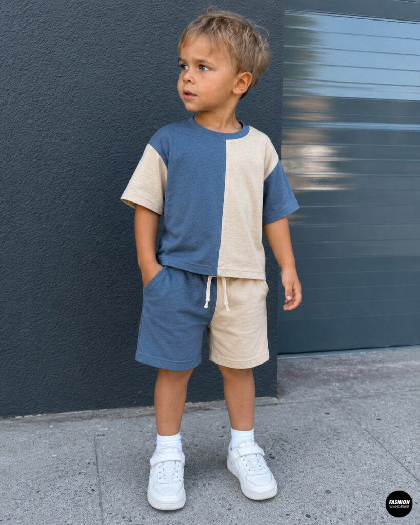 Toddler boy modeling a two-tone blue and cream color-block T-shirt and matching shorts set sewn from recycled T-shirts. The casual outfit features a relaxed fit, elastic drawstring shorts, and white sneakers for a modern everyday look.