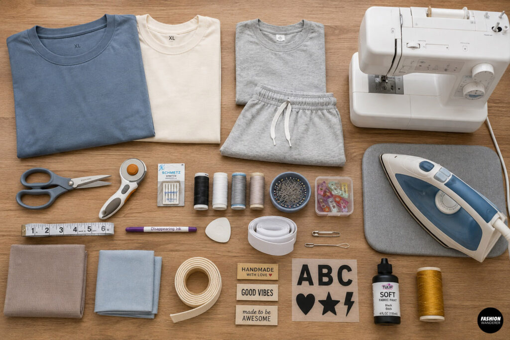 Flat lay of materials for making a DIY color-block T-shirt and shorts set from old T-shirts, including blue, cream, and gray oversized T-shirts, knit shorts, sewing machine, iron, scissors, rotary cutter, stretch needles, thread, pins, clips, measuring tape, elastic, fabric marker, fabric labels, heat-transfer decals, fabric paint, and coordinating knit fabric on a wooden tabletop.