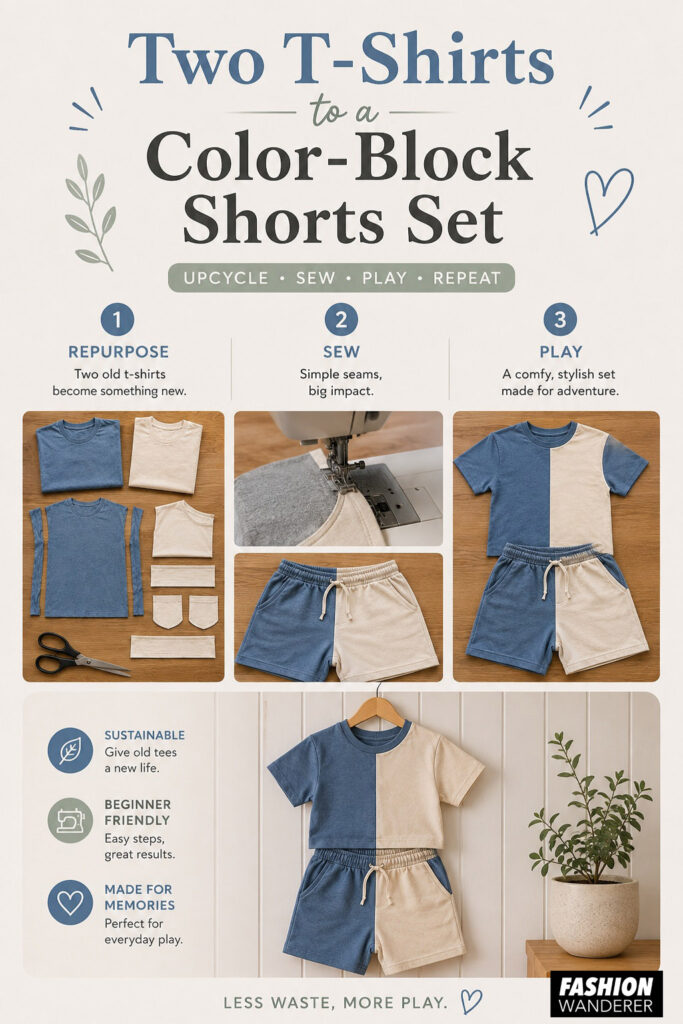 Pinterest infographic titled "Two T-Shirts to a Color-Block Shorts Set" featuring a beginner-friendly upcycling project with photos showing repurposing old T-shirts, sewing the color-block shirt and shorts, and the finished matching outfit. The design highlights sustainability, easy sewing, and creating a stylish kids' play set.