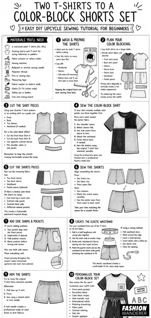 Black-and-white hand-drawn sewing infographic titled "Two T-Shirts to a Color-Block Shorts Set" featuring a complete beginner tutorial with materials list and ten illustrated steps, including preparing the shirts, planning color blocking, cutting fabric, sewing the shirt and shorts, adding pockets, creating an elastic waistband, hemming, and personalizing the finished outfit.