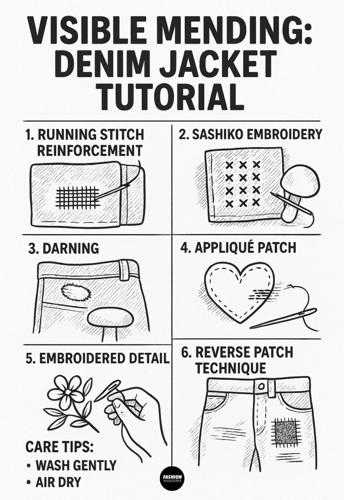Black and white infographic showing six visible mending techniques for denim jackets including running stitch, sashiko, darning, appliqu&eacute; patches, embroidery, and reverse patching.