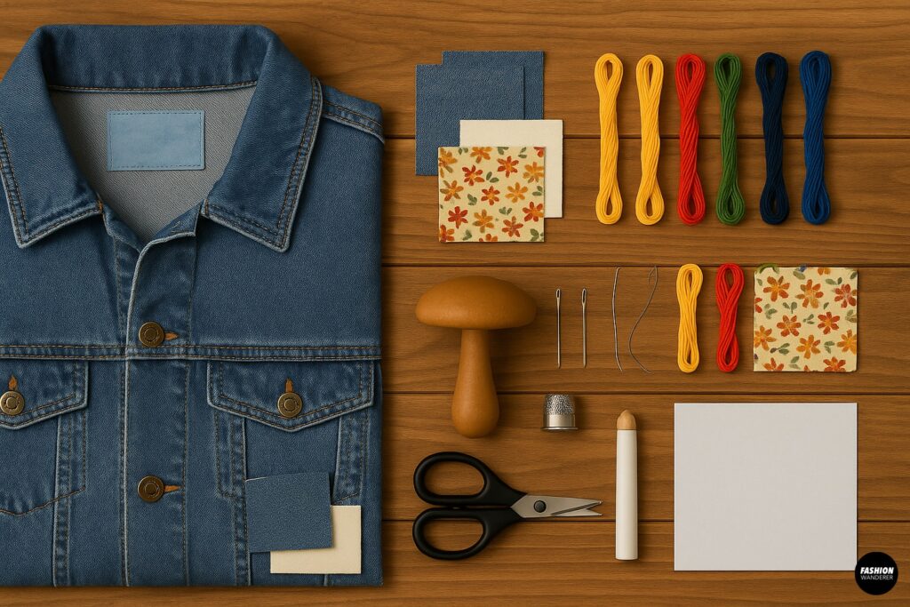 Flatlay photo of visible mending materials for denim jacket repair including fabric patches, embroidery floss, scissors, thimble, needles, darning mushroom, and chalk.