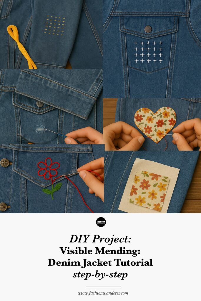Pinterest style infographic showing six visible mending techniques for denim jackets including running stitch, sashiko, darning, appliqu&eacute; patches, embroidery, and reverse patching.