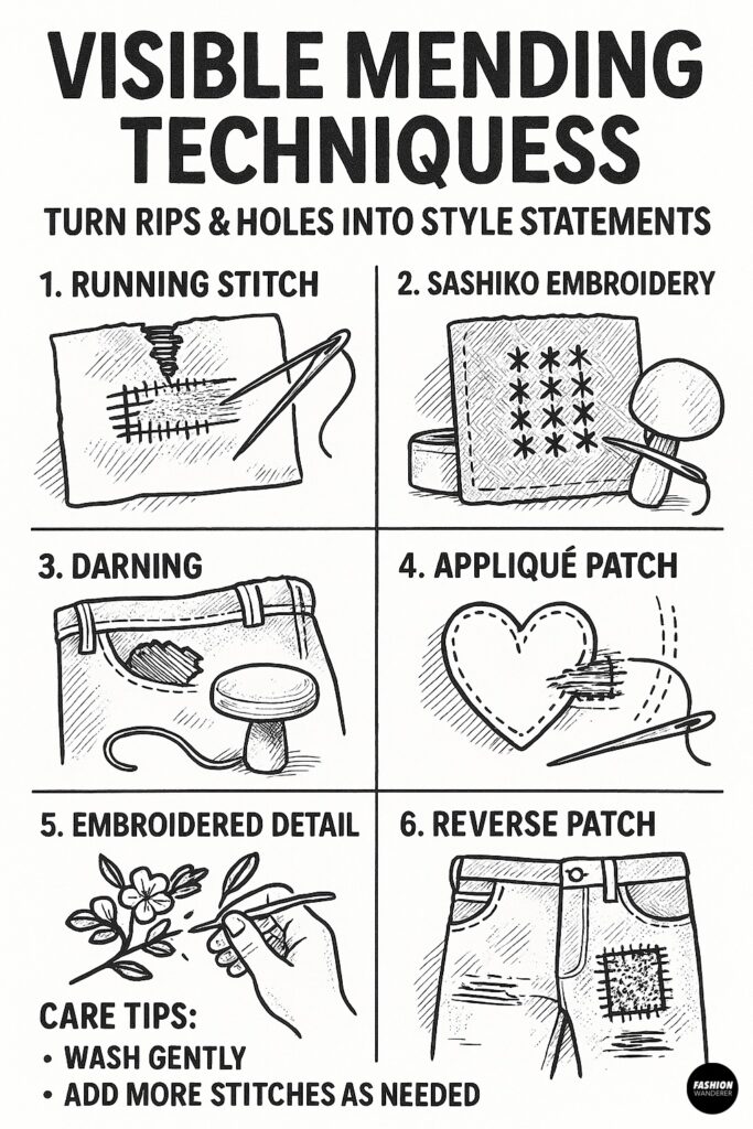 Black and white illustrated infographic showing six visible mending techniques: running stitch, sashiko embroidery, darning, appliqu&eacute; patch, embroidered detail, and reverse patch, with care tips.