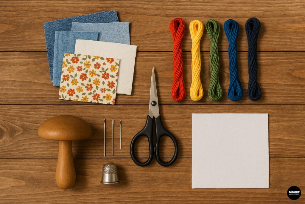 Flatlay of sewing tools and materials for visible mending on a wooden table, including denim and floral fabric patches, colorful embroidery floss, scissors, thimble, darning mushroom, and needles.