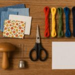 Flatlay of sewing tools and materials for visible mending on a wooden table, including denim and floral fabric patches, colorful embroidery floss, scissors, thimble, darning mushroom, and needles.