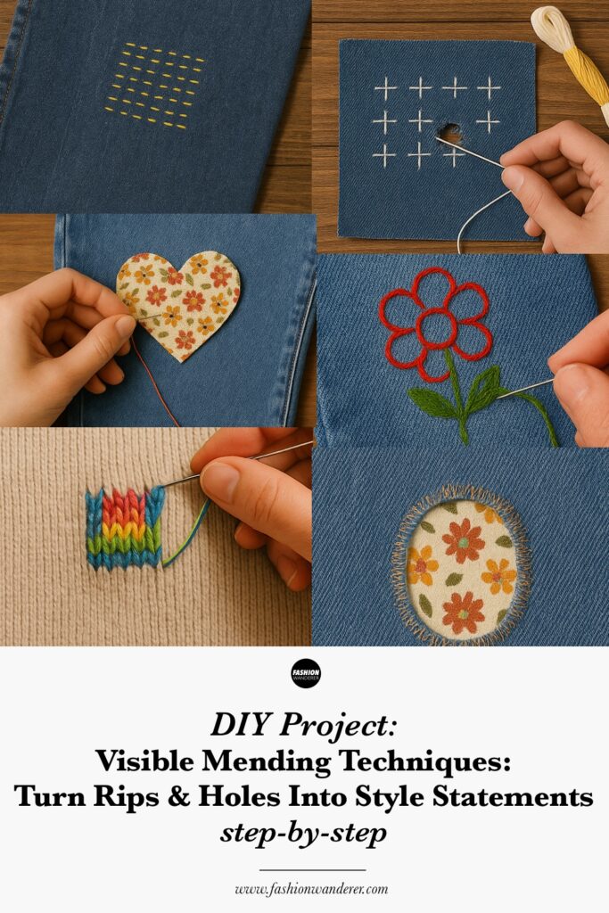 Pinterest style infographic showing six visible mending techniques: running stitch, sashiko embroidery, darning, appliqu&eacute; patch, embroidered detail, and reverse patch, with care tips.