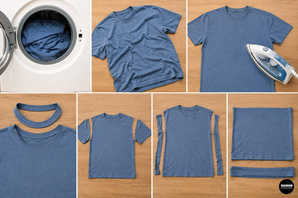 Collage showing how to prepare two oversized T-shirts for an upcycling project by washing, drying, ironing, removing the neckband, cutting off the sleeves and side seams, and creating flat fabric panels on a wooden tabletop.