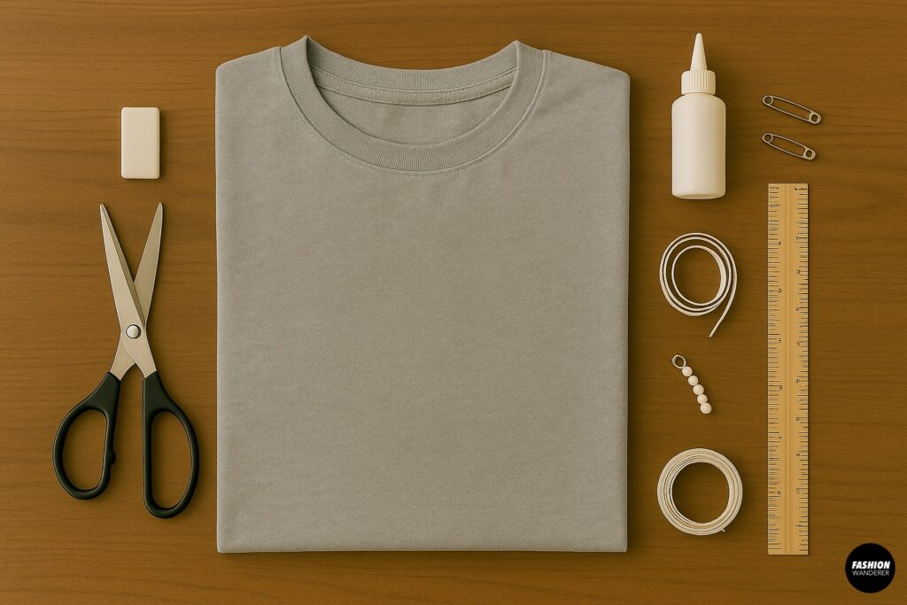 Top-down flatlay of no-sew DIY T-shirt upcycling materials including folded grey T-shirt, scissors, ruler, fabric glue, chalk, safety pins, elastic band, ribbon, and beads on wooden table.
