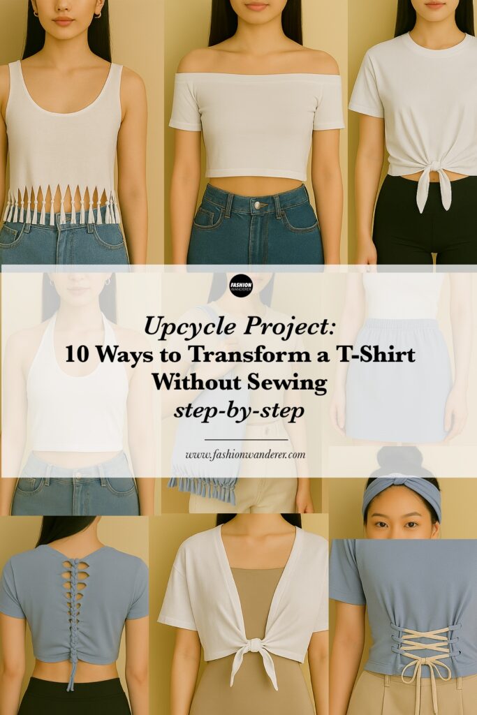 Pinterest style infographic showing 10 no-sew ways to transform a T-shirt, including fringe tank top, crop top, tote bag, skirt, braided back tee, and styling tips.