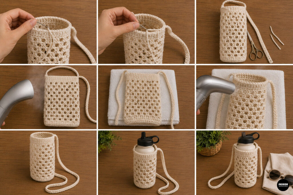 Step 8 is to weave in the ends of the crochet water bottle crossbody bag