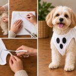 Small fluffy dog wearing a simple white no-sew ghost costume with black felt eyes and mouth, alongside close-up tutorial photos showing measuring and trimming the scalloped fabric edge.