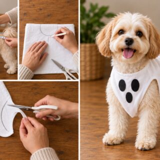 Small fluffy dog wearing a simple white no-sew ghost costume with black felt eyes and mouth, alongside close-up tutorial photos showing measuring and trimming the scalloped fabric edge.