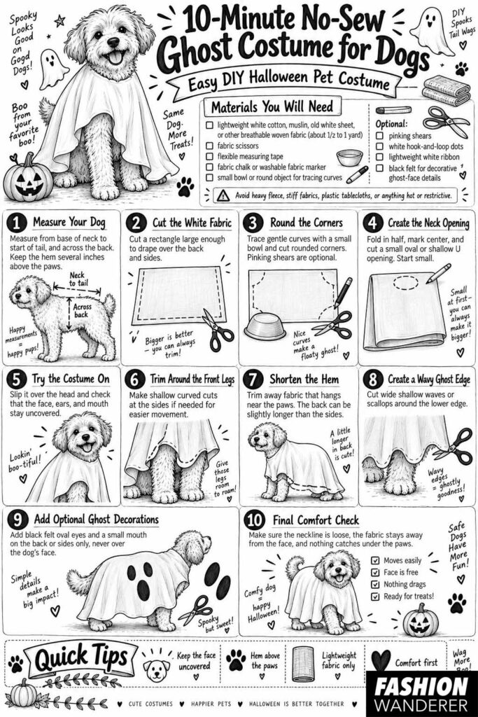Black-and-white illustrated infographic for a 10-minute no-sew ghost costume for dogs, showing materials, measurements, cutting steps, neck opening, scalloped hem, optional ghost face, and final comfort check.
