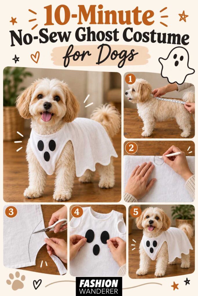 Vertical Pinterest tutorial pin for a 10-minute no-sew ghost costume for dogs featuring a small dog in a white ghost cape and step-by-step photos for measuring, cutting, shaping, and adding a ghost face.