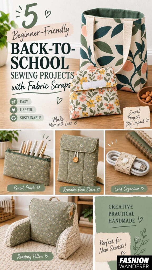 5 beginner-friendly back-to-school sewing projects using fabric scraps, including a DIY lunch bag, pencil pouch, reusable book sleeve, reading pillow and cord organizer.