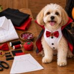 Fluffy dog wearing an upcycled vampire costume made from an old men’s white shirt with a red bow tie, jeweled medallion, and black cape with red lining, surrounded by sewing supplies and Halloween decorations.