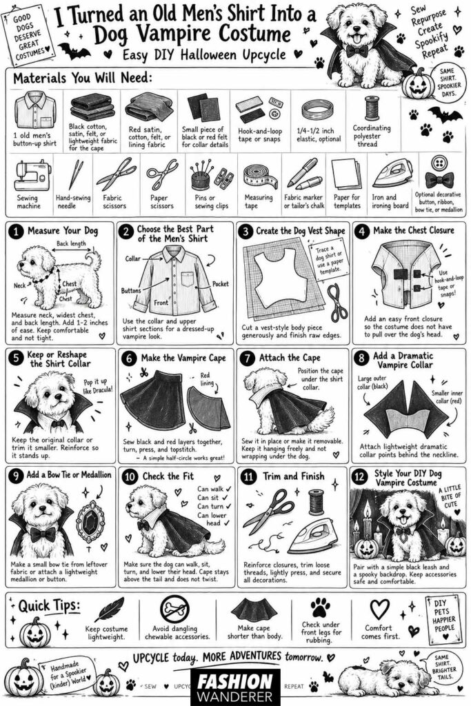 Black-and-white sewing infographic showing how to turn an old men&rsquo;s button-up shirt into a dog vampire costume with a shirt vest, red-lined black cape, dramatic collar, bow tie, and step-by-step instructions.