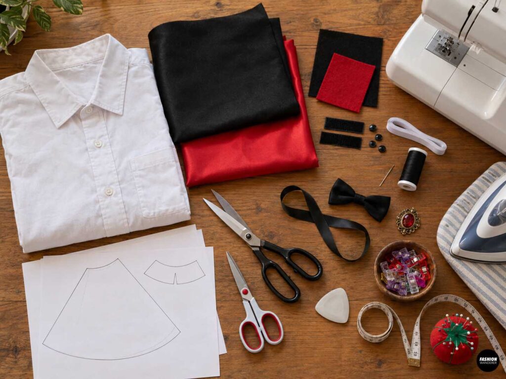 Flat lay of supplies for an upcycled dog vampire costume, including an old white men&rsquo;s shirt, black and red fabric, felt, hook-and-loop tape, bow tie, sewing tools, thread, measuring tape, pattern templates, and sewing machine.